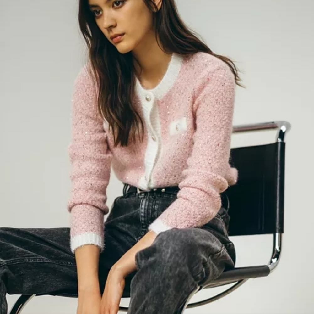 Maje Pink and White Fancy Lurex Cardigan Sweater